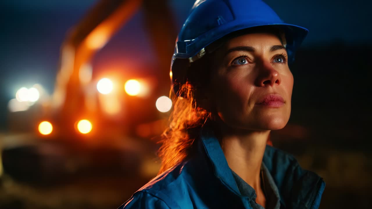 A Determined Female Construction Worker in a Hard Hat and Safety Gear Looks Upward with Focus Amidst a Construction Site at Night, Surrounded by Blurred Machinery Lights in the Background