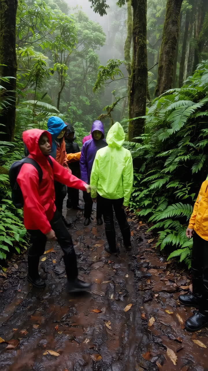 Group Hiking in a Misty Rainforest