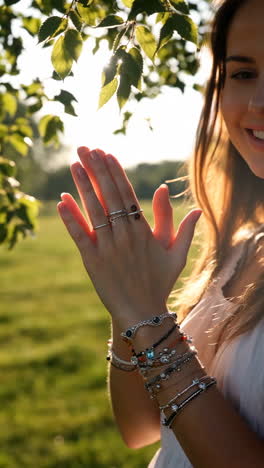 woman's hand adorned with jewelry in golden hour sunlight