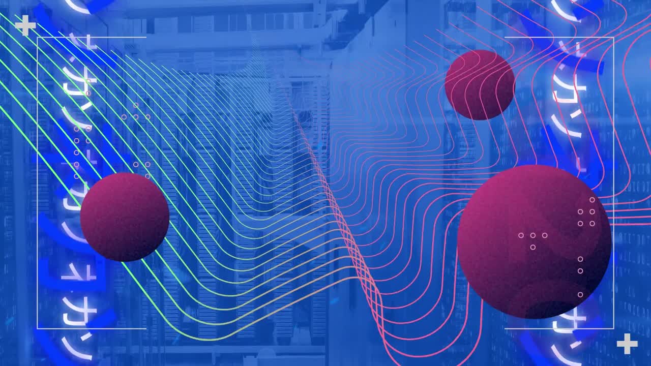 Animation of purple spheres, digital wave and chinese texts against computer server room