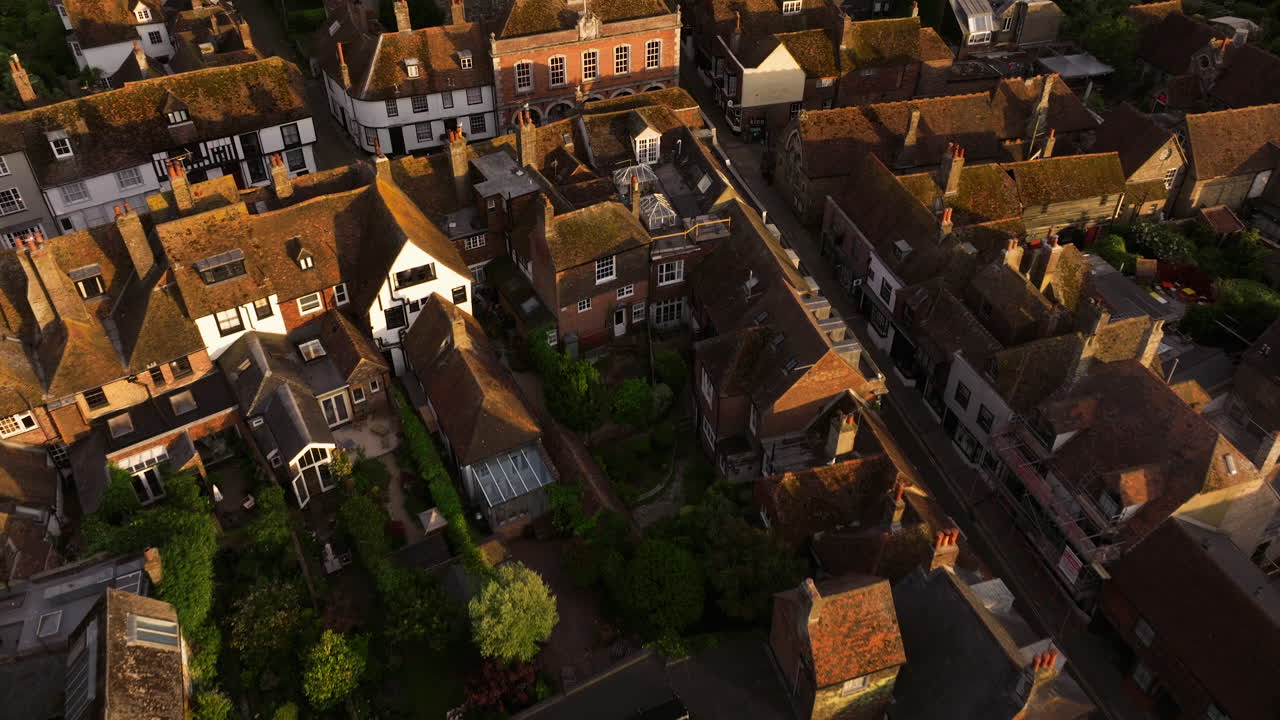 Typical Structures And Streets In Rye Town At Sunset In East Sussex, England, UK. - aerial shot