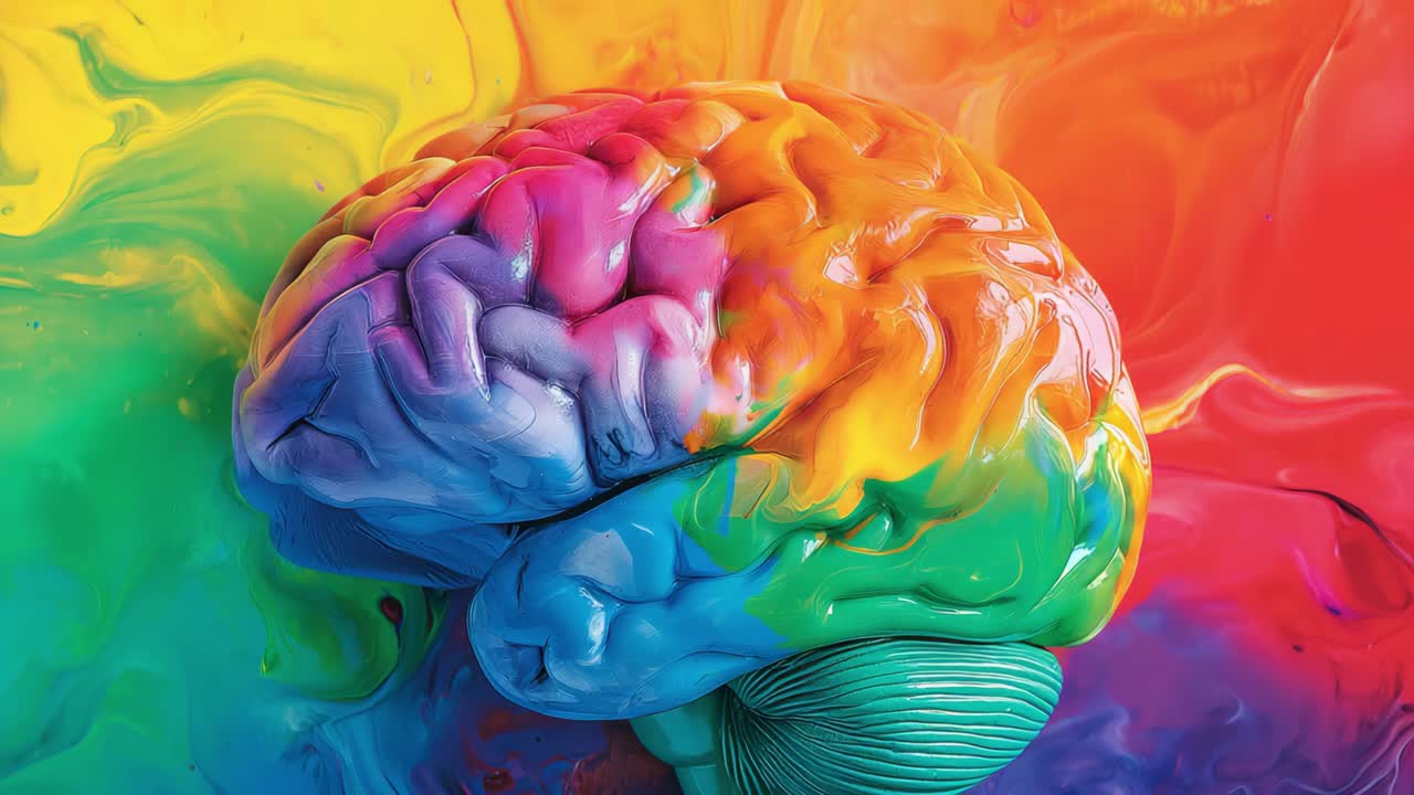 Vibrant human brain model displaying multicolored swirls representing complex neural networks, symbolizing creativity, imagination, and emotional intelligence