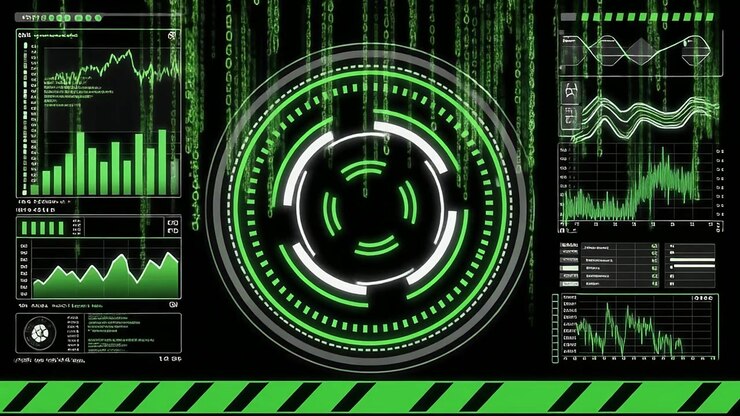 Futuristic Digital Interface with HUD and Data Analysis
