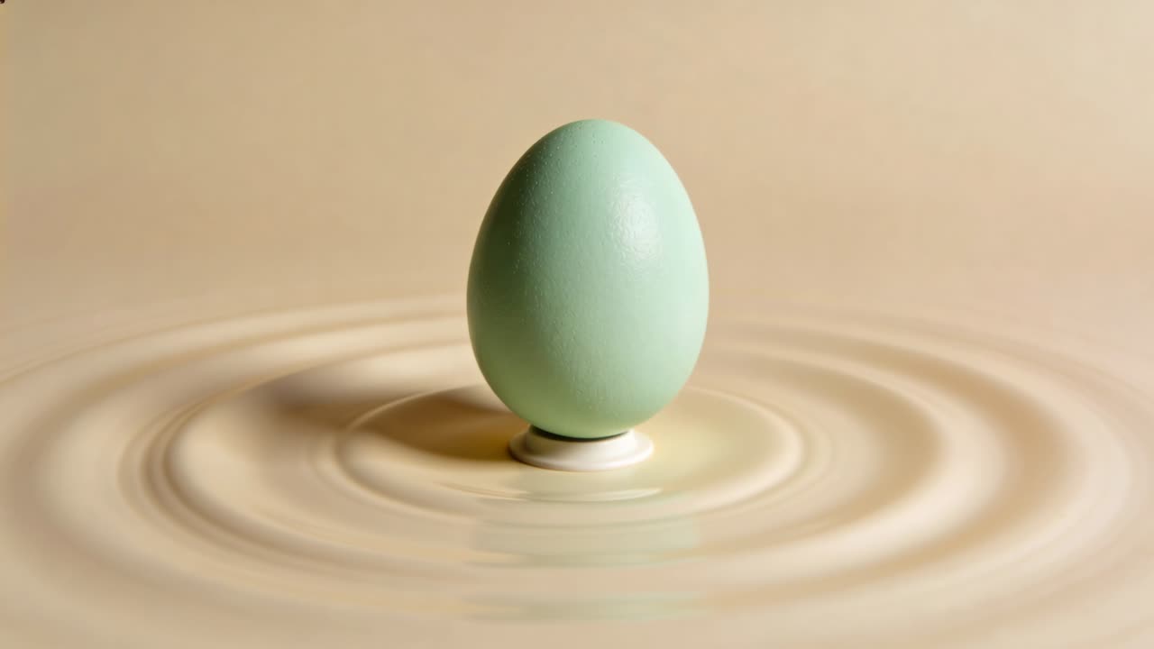 Showing mint-green egg standing on stand on beige liquid, ripples expanding, waves damping at start