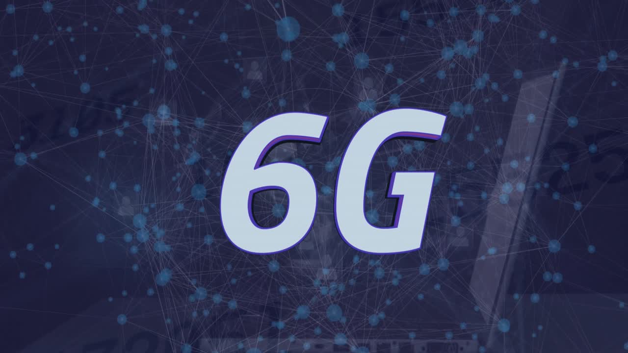 Animation of 6g text and network of connections over spinning globe and laptop