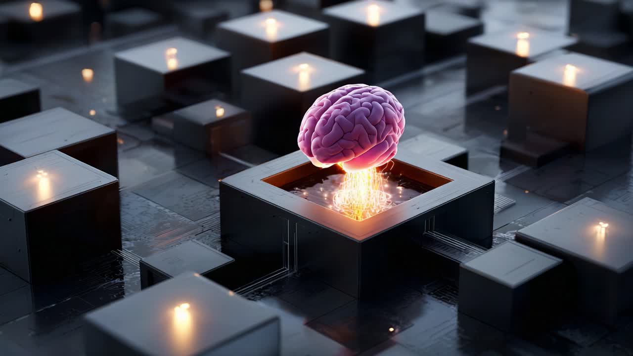 A surreal depiction of a brain emerging from a glowing structure, set against a futuristic landscape of geometric blocks and soft luminescence, symbolizing innovation and intelligence