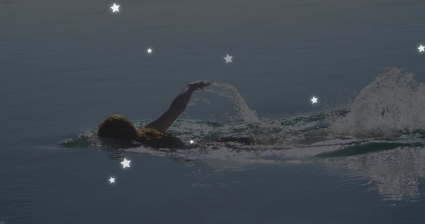 Female swimmer emerging at left edge, initiating front crawl stroke for health with star overlay