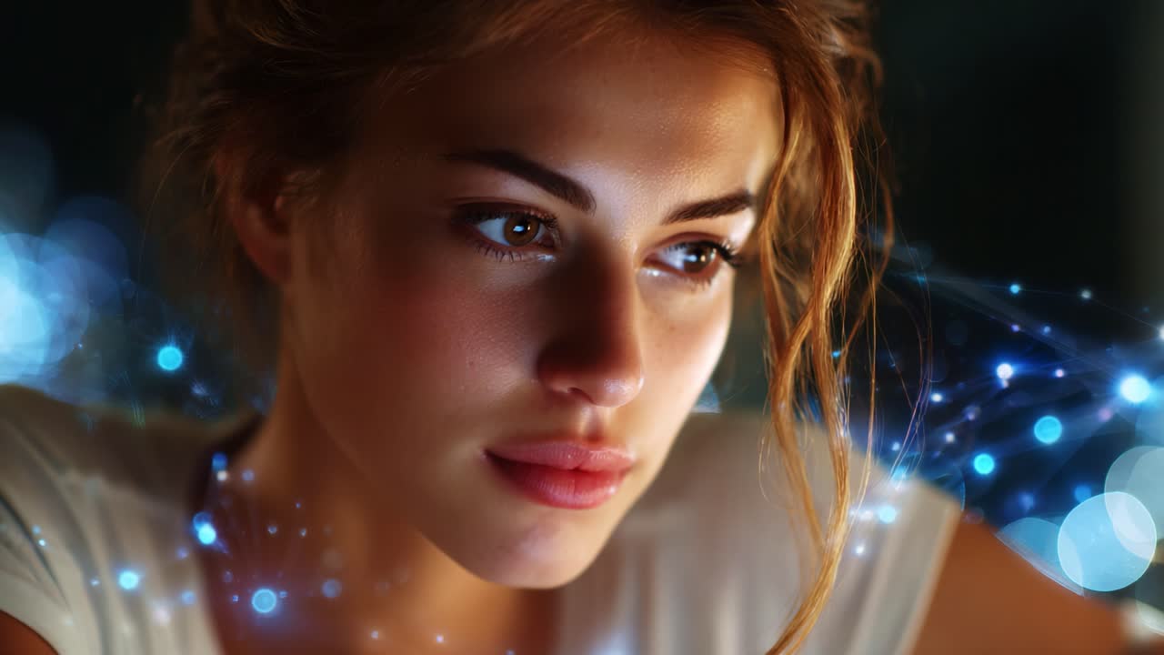 Close-Up of a Young Woman with Enigmatic Expression Surrounded by Ethereal Lights, Capturing Beauty and Reflection in a Dreamlike Atmosphere, Invoking Emotions and Intrigue in a Modern Setting