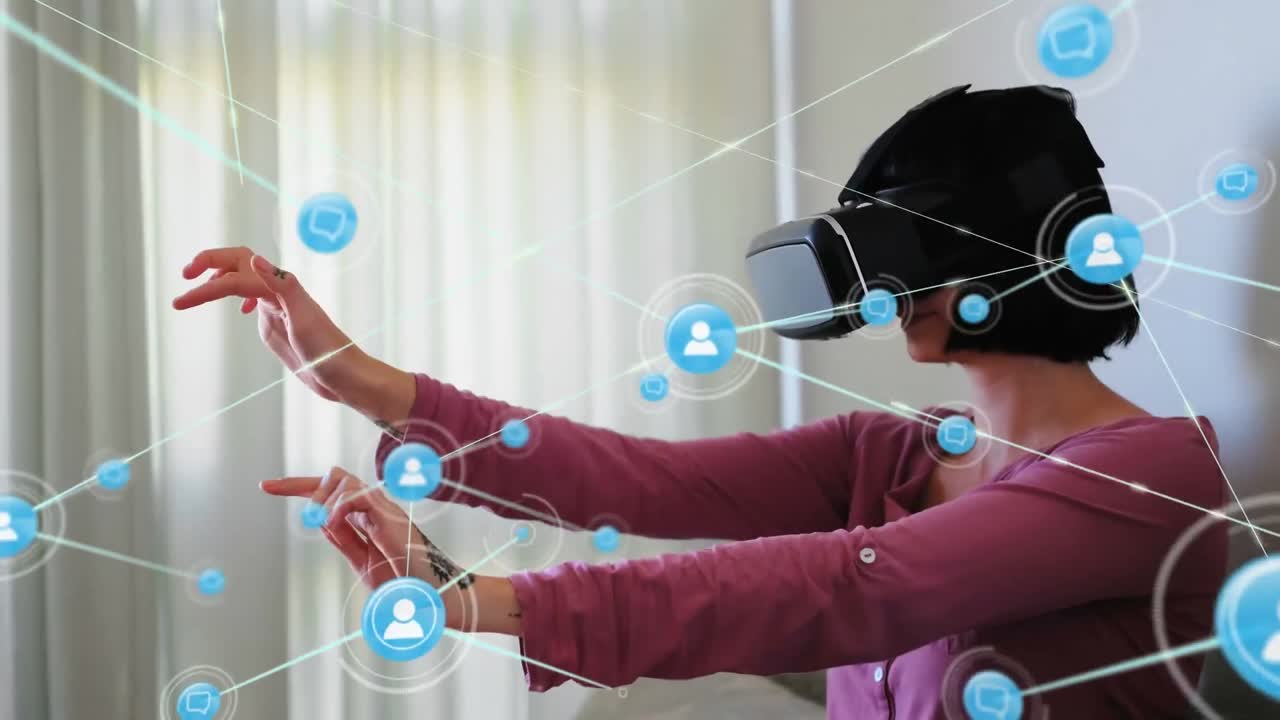 Animation of network of connections with icons over woman wearing vr headset