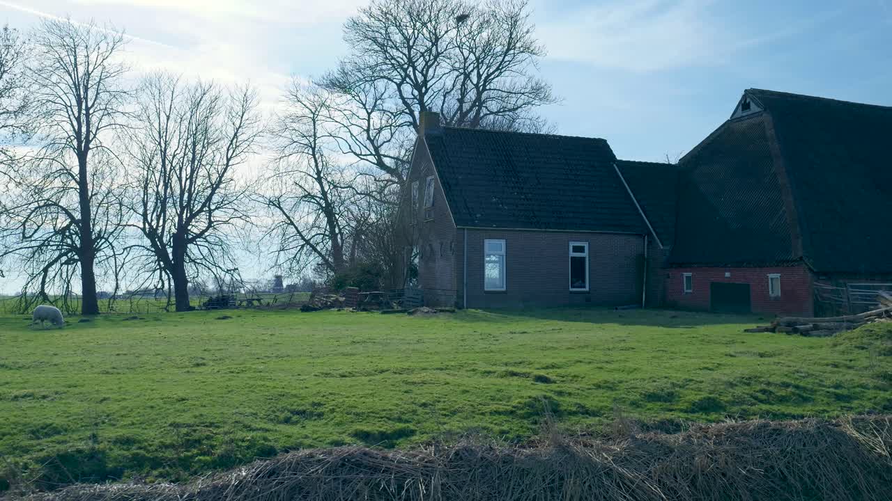 Får græsser på en grøn mark med en traditionel bondegård og lade