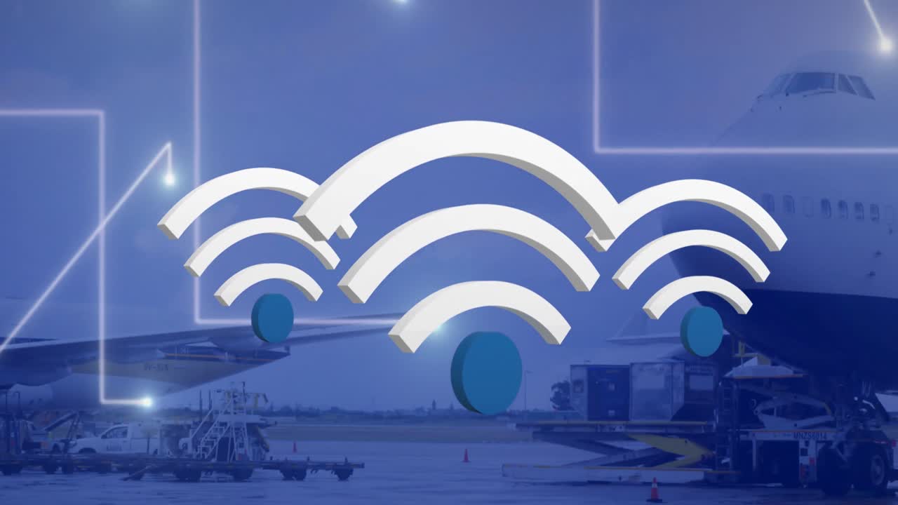 animación de iconos digitales wifi flotando sobre el aeropuerto