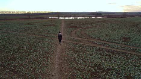 a woman with blond hair in black clothes walks along a dirt road to a pond reflecting the sunset on a cold winter evening