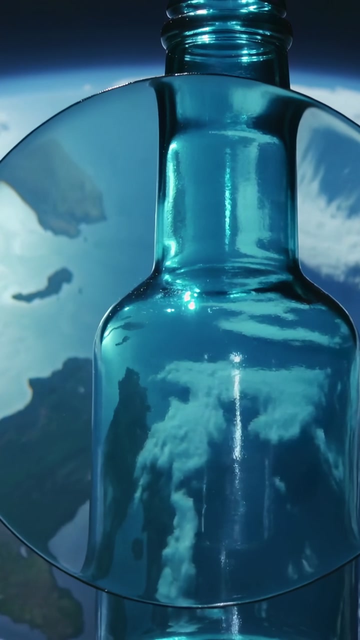 Vertical video: Moving disc entering left across teal bottle zooming clouds Earth screen in studio
