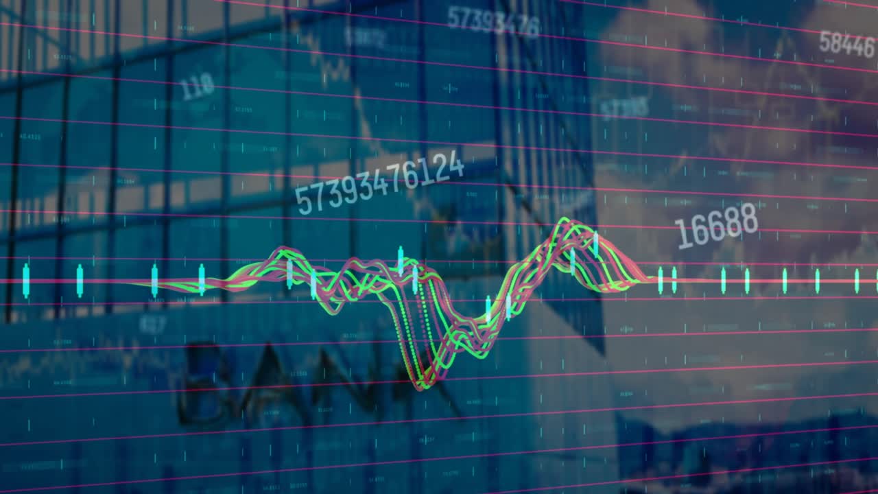 animación del procesamiento de datos financieros sobre el paisaje urbano con modernos edificios de oficinas