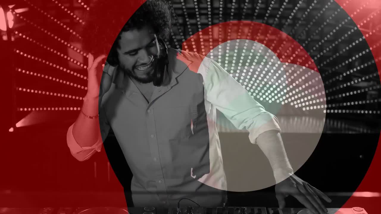 animación digital que muestra a un discotequista sonriente mezclando música en un pub 4k