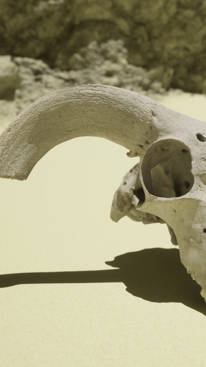 Skull of a goat lying on the ground in a desert location during the day