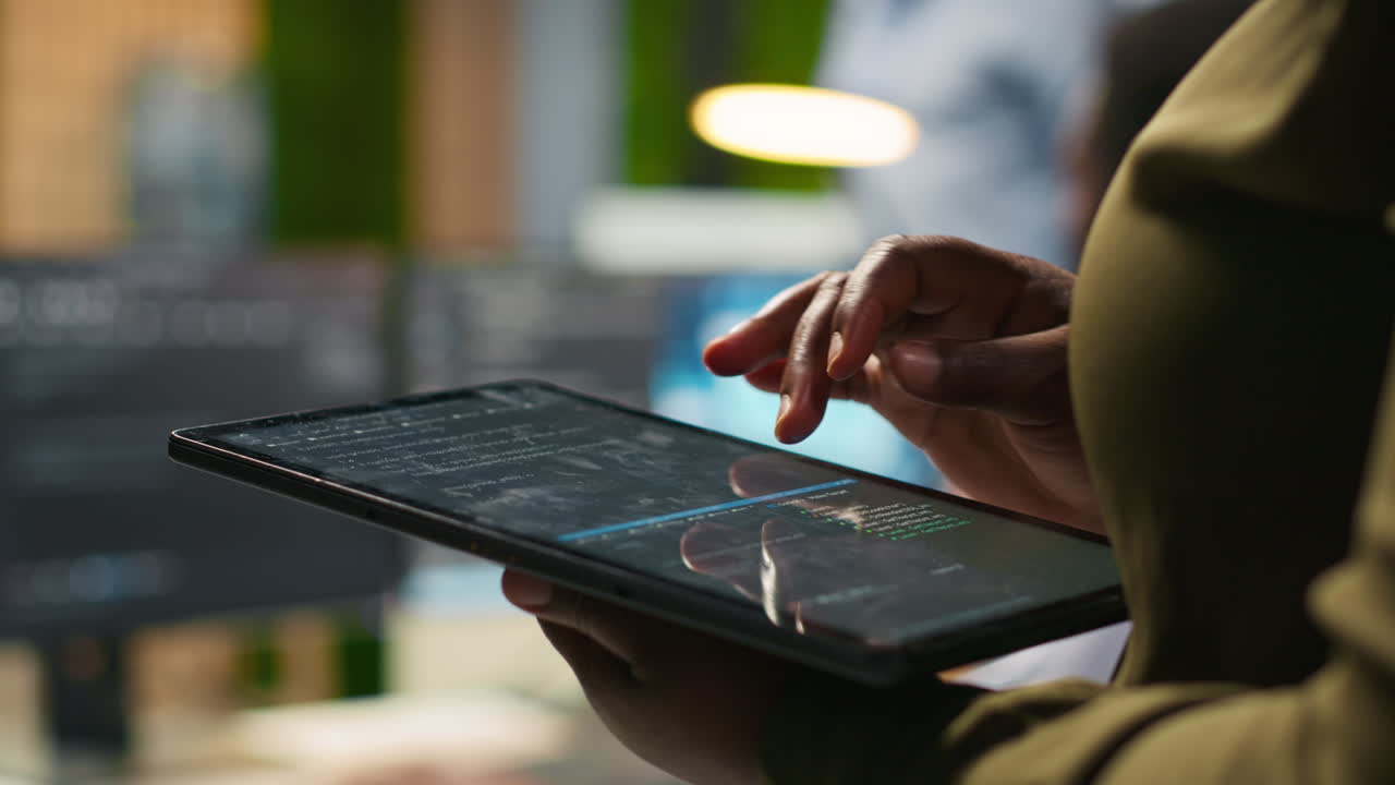 Close Up Of Engineer Using Tablet To Write Code, Developing Machine Learning Api