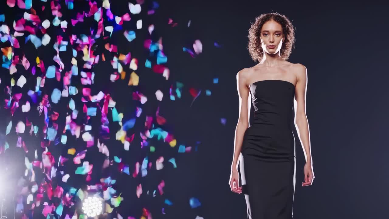 Professional female model walking confidently on runway, black dress and curly hair, surrounded by colorful confetti falling in slow motion, creating glamorous fashion show celebration