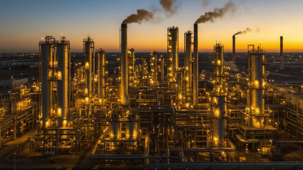 A Stunning View of an Illuminated Industrial Complex at Dusk, Showcasing Towering Chimneys, Pipes, and Emissions Against a Brilliant Sunset Background