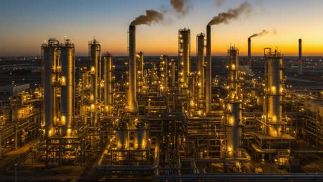 a stunning view of an illuminated industrial complex at dusk, showcasing towering chimneys, pipes, and emissions against a brilliant sunset background