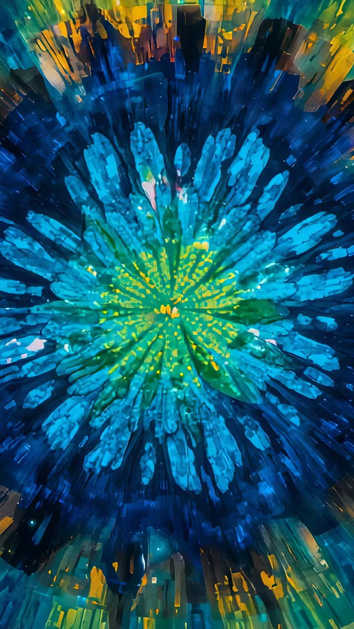 Vertical video: On play kaleidoscope pulsing zooming on screen yellow grid forming to reveal center