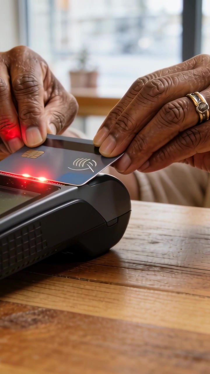 Vertical video: Bringing card down, customer tapping reader with contactless card at cafe to pay