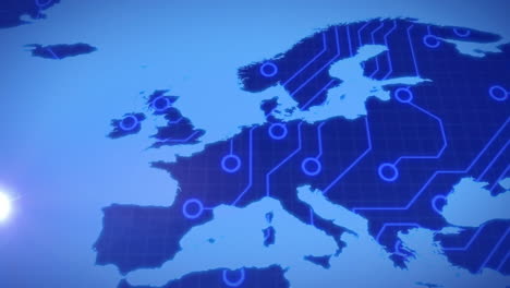 digital network connections over map of europe, technological animation