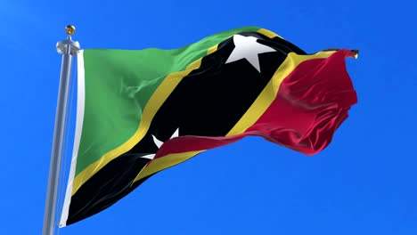 flag of saint kitts and nevis waving at wind in slow with blue sky, loop