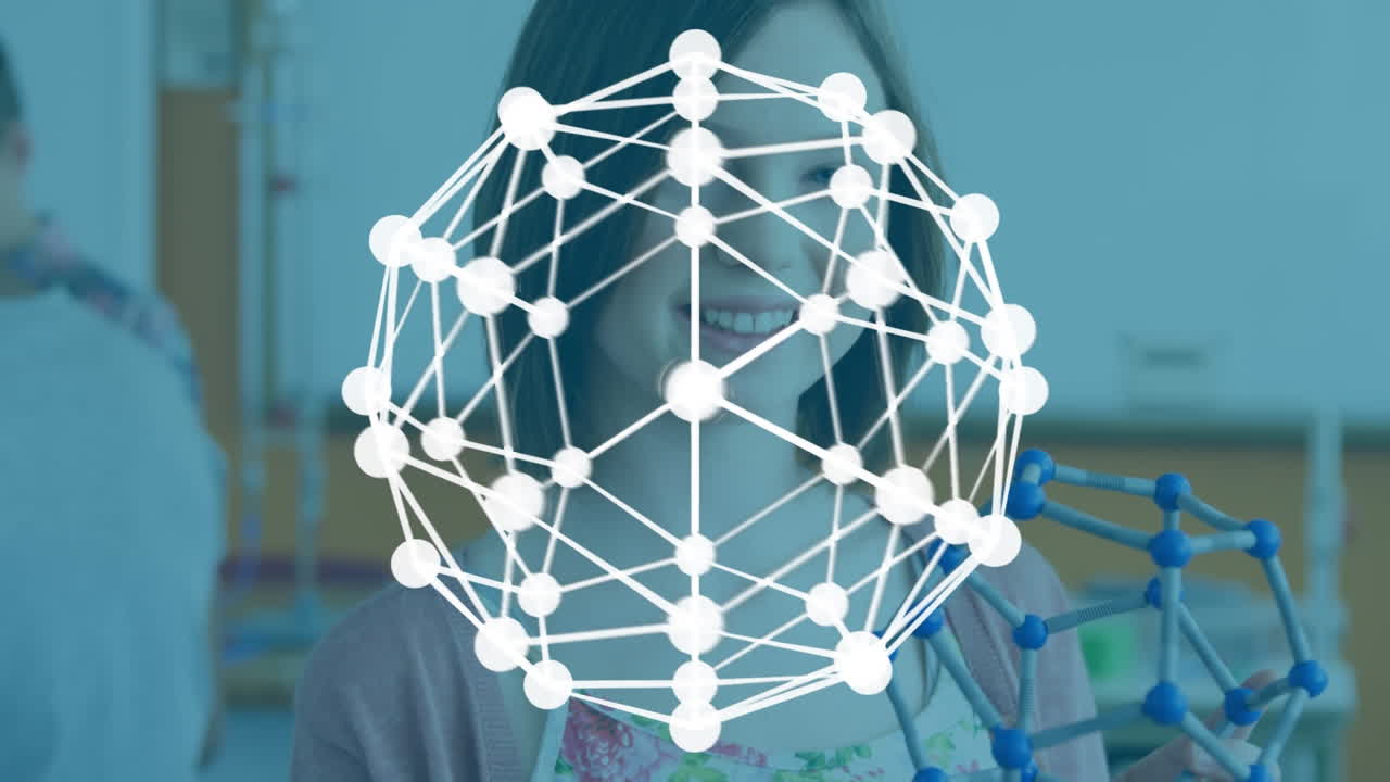 Animation of globe of connections over schoolgirl in science class