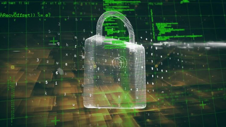 Digital animation of security padlock icon against data processing on black background