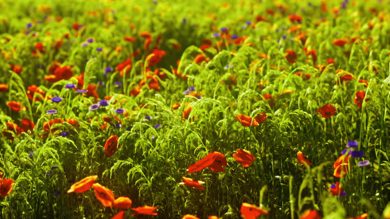 Vibrant wildflowers sway gently in the summer breeze under bright sunlight
