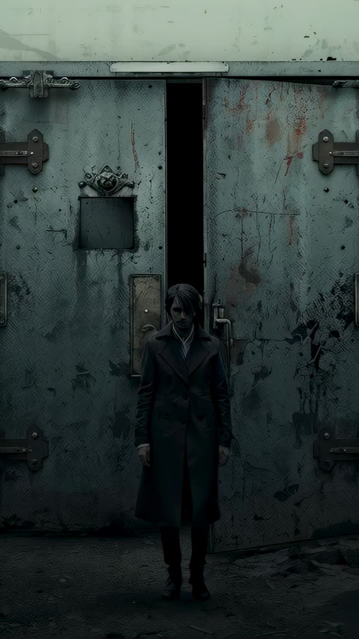 Vertical video: Emerging man stepping from industrial door gap prompted by dark, wearing long coat