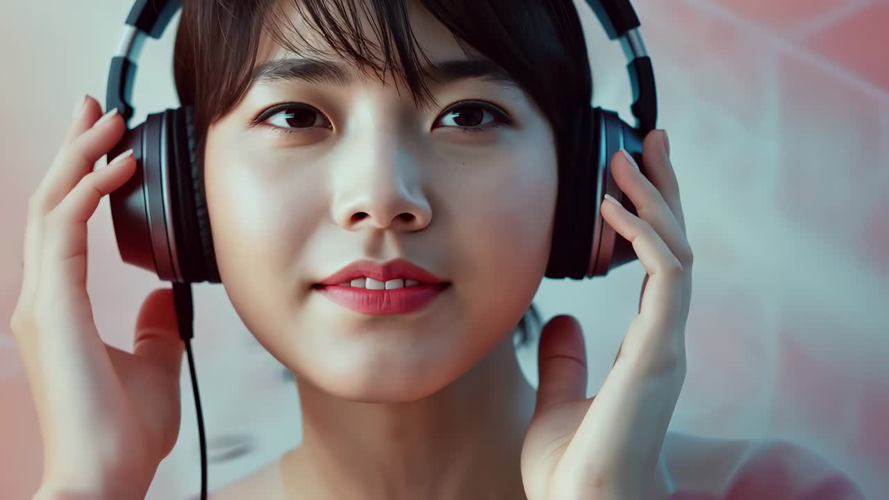Lifting woman adjusting headphones in studio smiling listening music bare shoulders pastel backdrop
