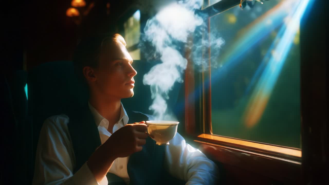 A Serene Moment of Reflection: A Young Man Enjoys a Warm Cup of Tea While Gazing Out of a Train Window, Capturing the Beauty of Nature and the Calmness of Travel