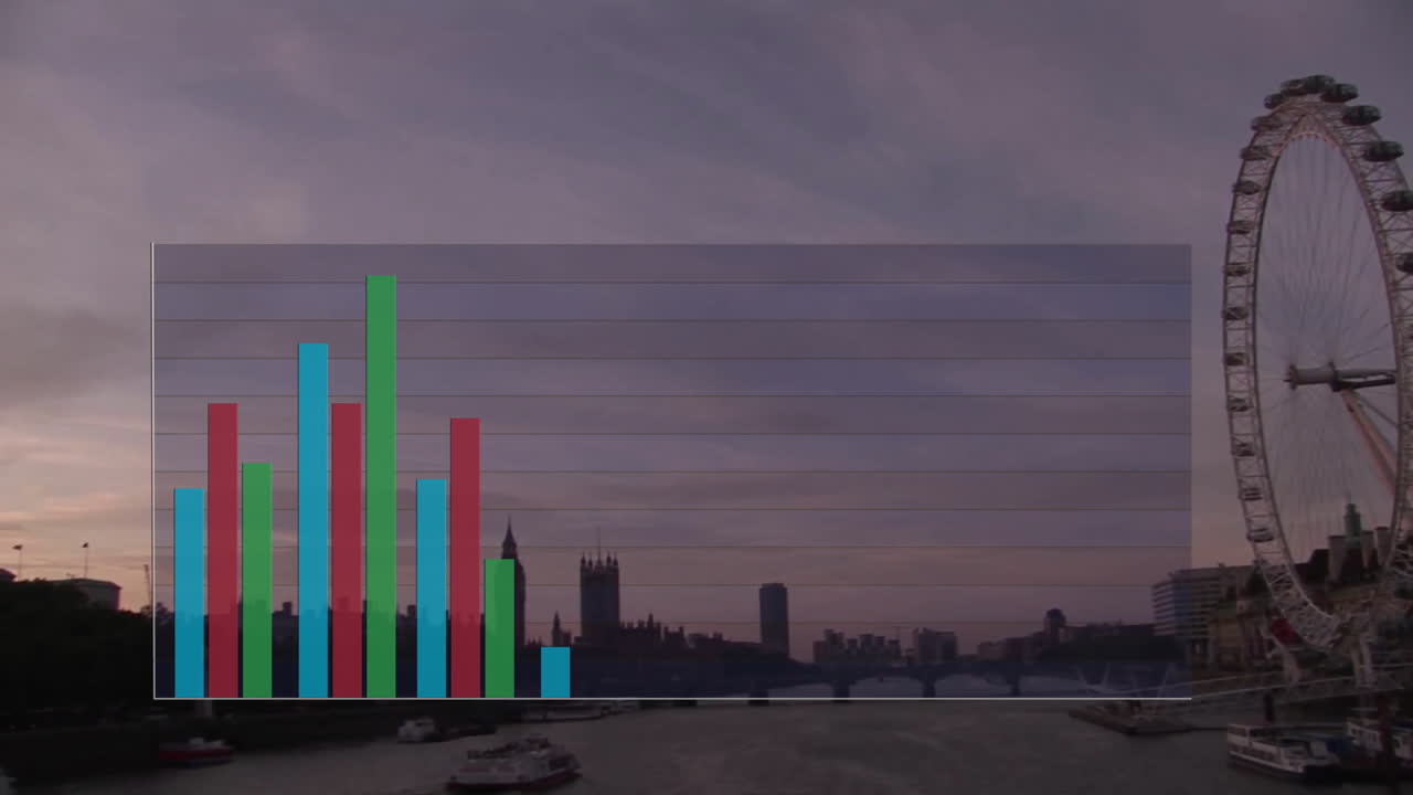 animación de gráficos de barras sobre el paisaje urbano con río y rueda de ferris al anochecer