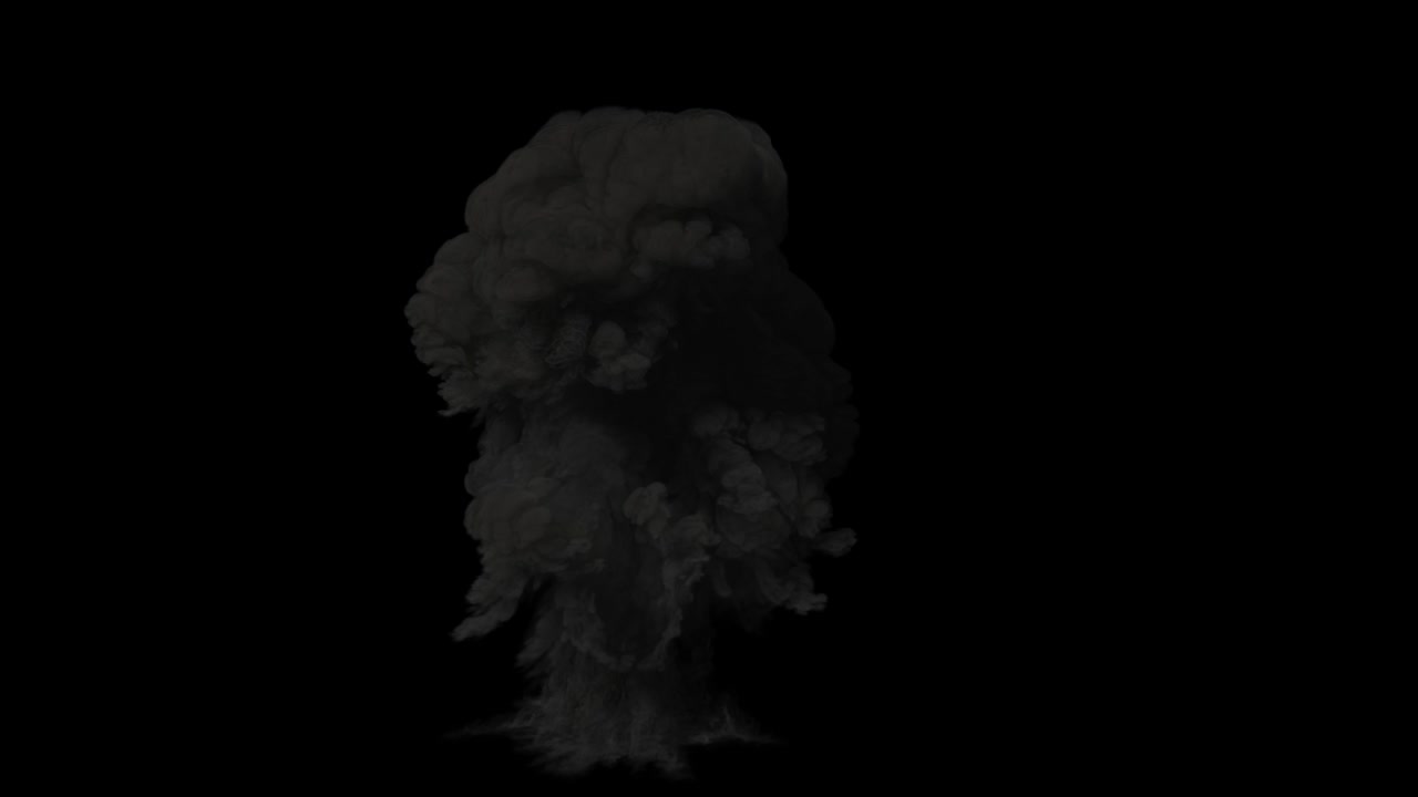 explosión masiva y densa a 3500 k en vista delantera con la dispersión de humo oscuro en negro