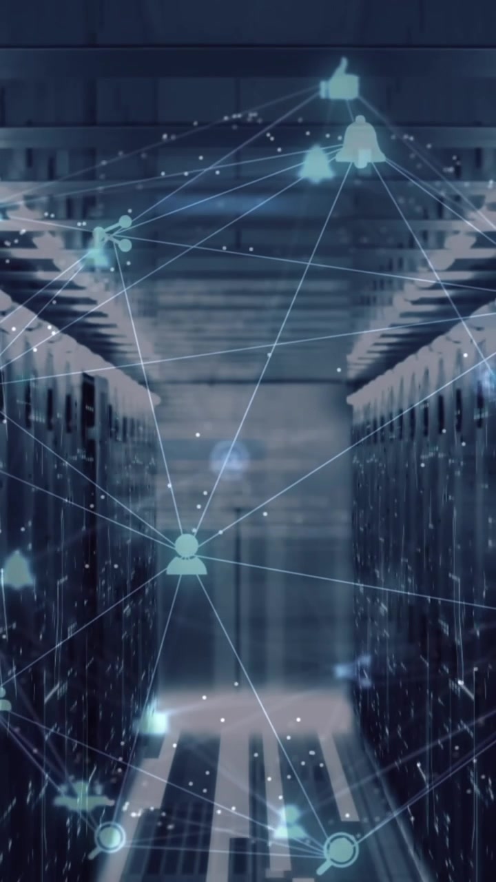 Animation of spinning globe of digital icons, data processing and mosaic squares against server room