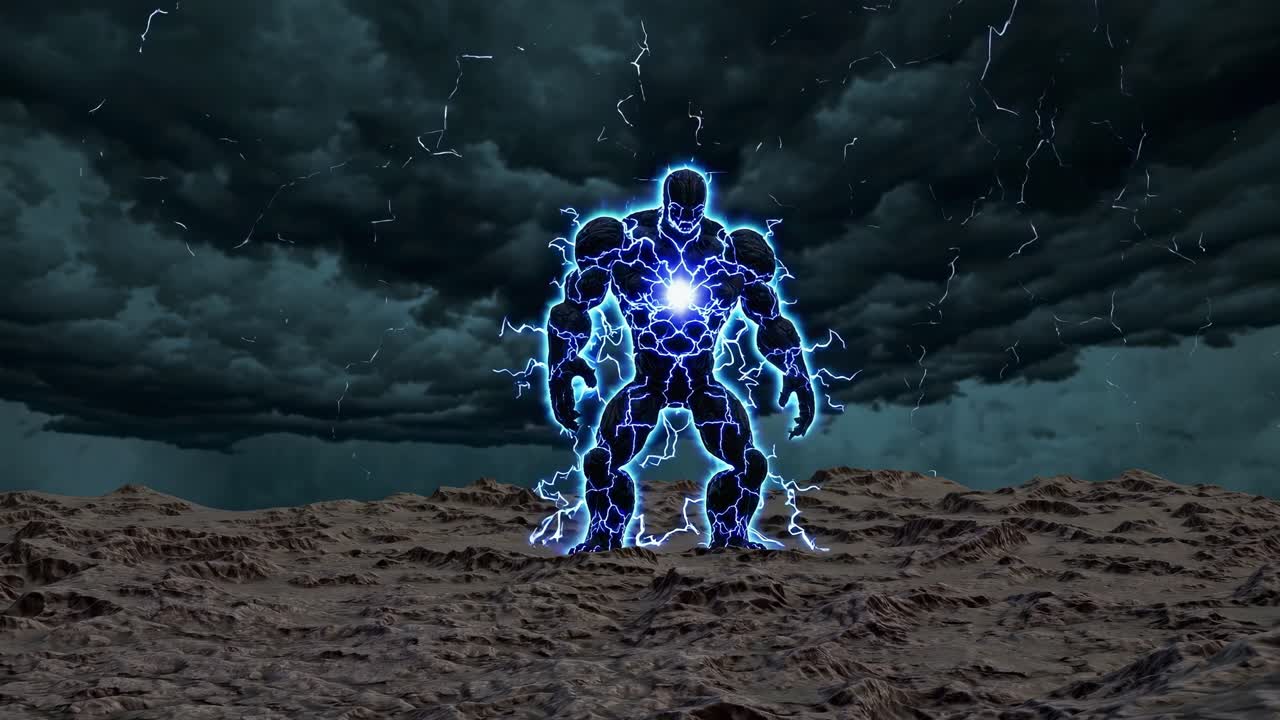 거대한 빛나는 로 형상이 무생물 지형 위에 떠다니며 격렬한 번개로 가득 찬 폭풍의 하늘 아래에서 걱거리는 전력을 흡수합니다.