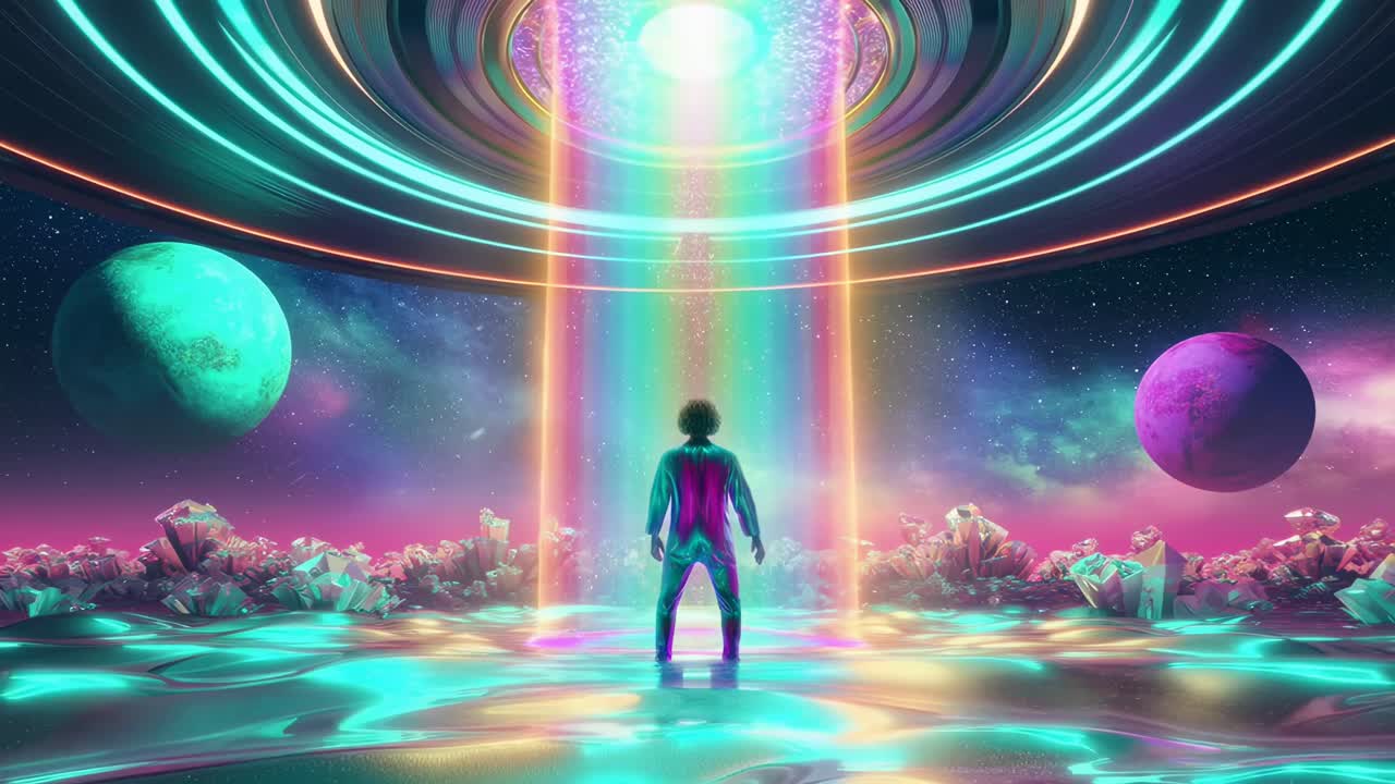 Concepto de vídeo futurista con una vista de ángulo bajo de una persona bajo un portal brillante en el espacio