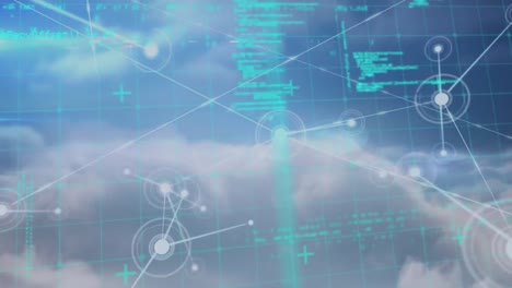 animación de la red de conexiones sobre procesamiento de datos y cielo nublado