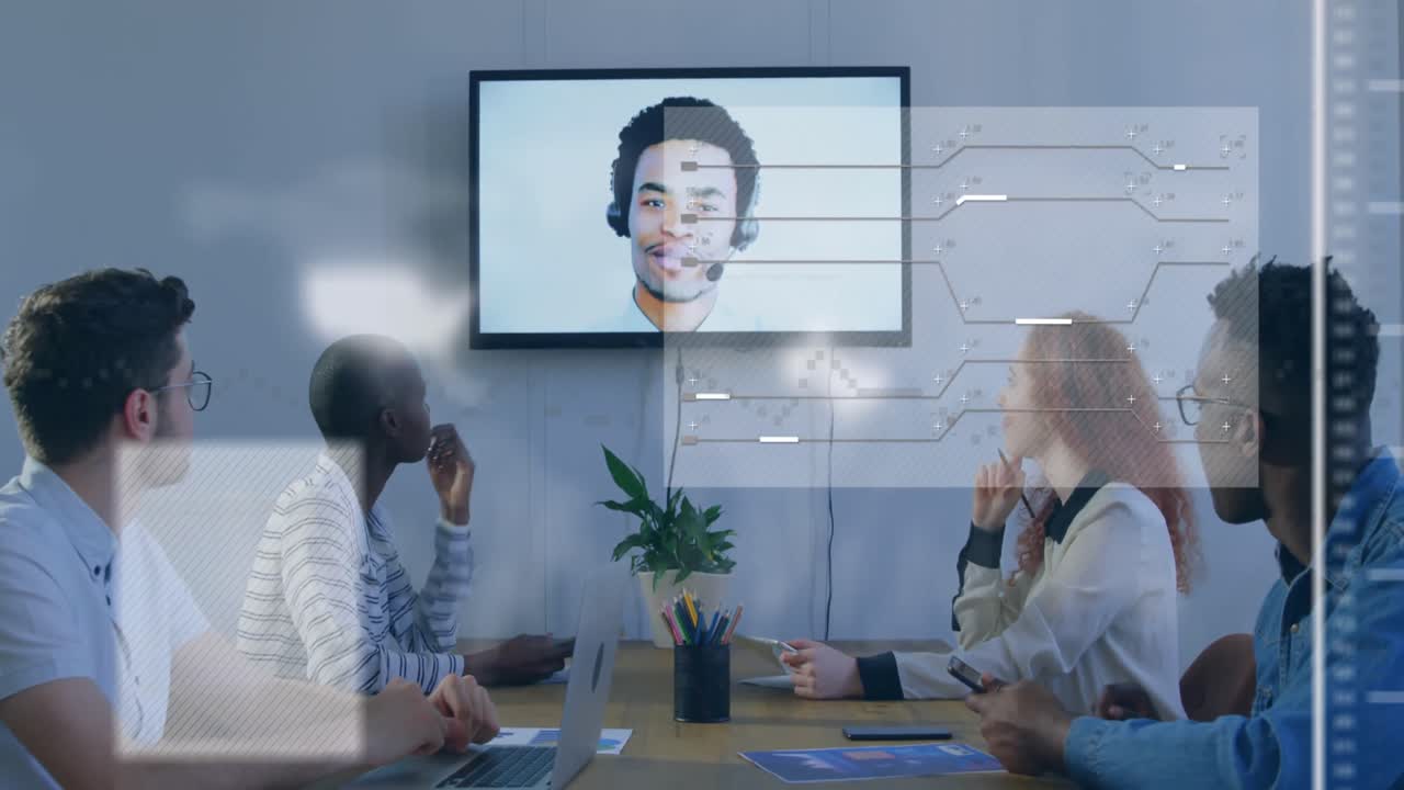 사무실에서 비디오 통화 회의에서 다양한 동료들에 대한 회로 보드 패턴을 가진 지도의 애니메이션