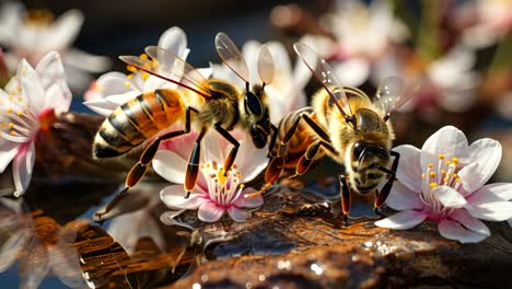 busy bees gathering nectar from blooming flowers by the water's edge