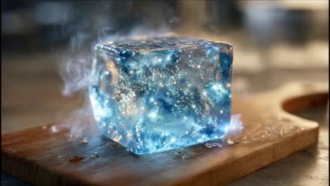 close-up of sparkling blue ice cubes being cut and melting on a wooden board