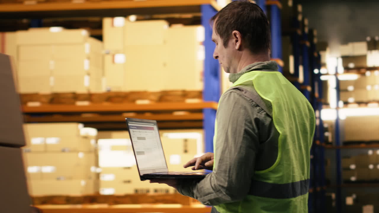 Personale che prepara il carico su laptop per spedizioni globali in una struttura di trasporto merci.