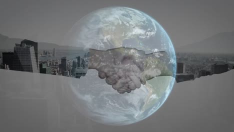 hombres de negocios llegando a un acuerdo contra un globo giratorio