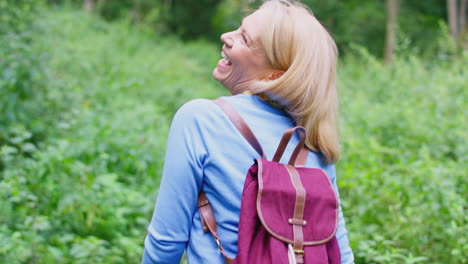 rear view of mature woman wearing backpack in countryside hiking along path through forest