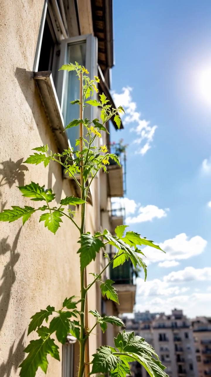 Una vista ravvicinata di una vite frondosa attaccata a una parete esterna beige oscilla leggermente accanto alle finestre sotto la luce del giorno, con ombre, cielo blu ed edifici distanti che creano una composizione esterna a strati.