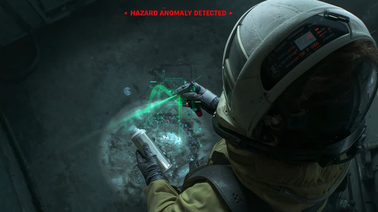 Responding to hazard, helmeted operator scanning floor with green-beam scanner and can, copy space