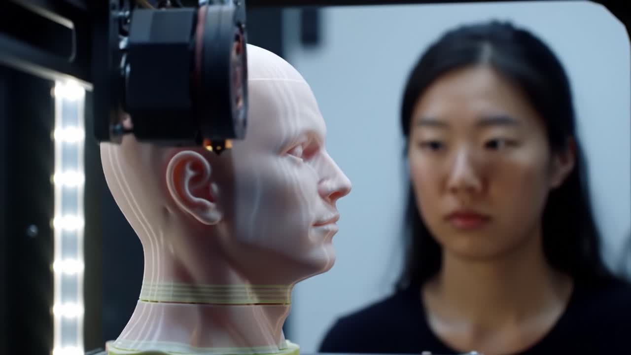 An In-Depth Look at Advanced 3D Modeling Techniques Showcasing a Realistic Mannequin Head Beside an Observant Individual in a Controlled Environment