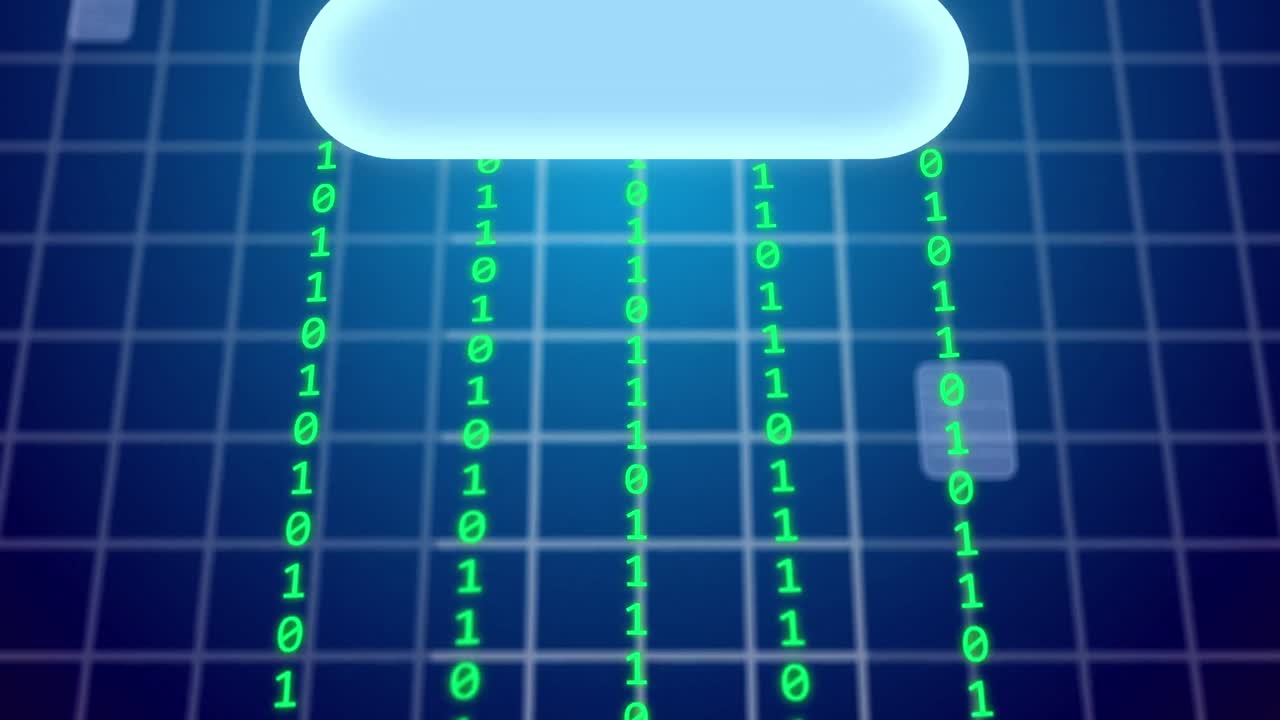 Animation of computer and cloud icons over data processing on blue background